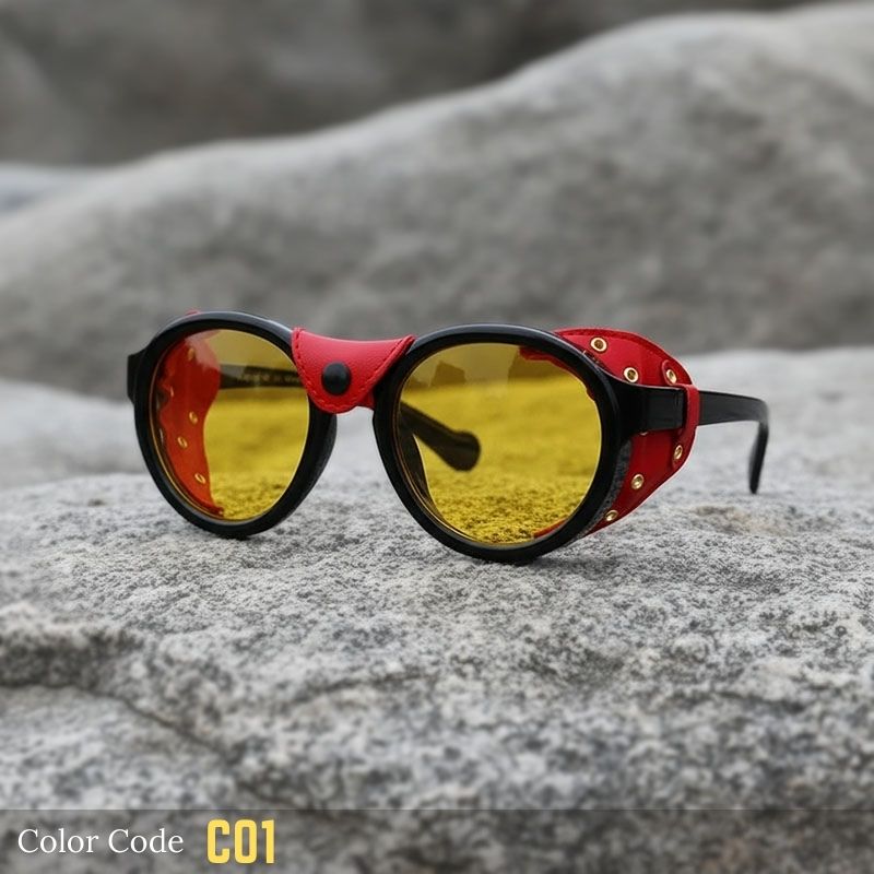 Sunglasses with red and yellow design on a stone surface, labeled 'Color Code CO1'.