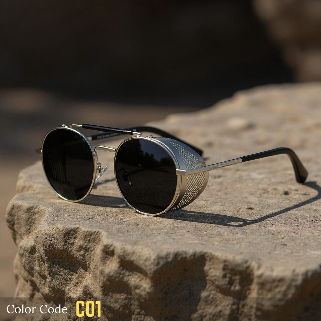 Sunglasses with metallic frame and dark lenses on a stone surface