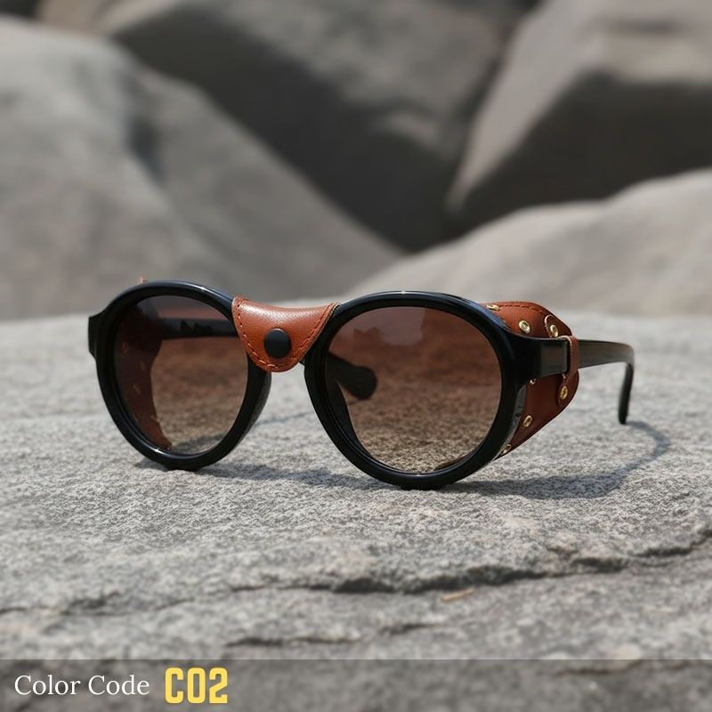 Sunglasses with brown and black frame on a stone surface, labeled 'Color Code CO2'.
