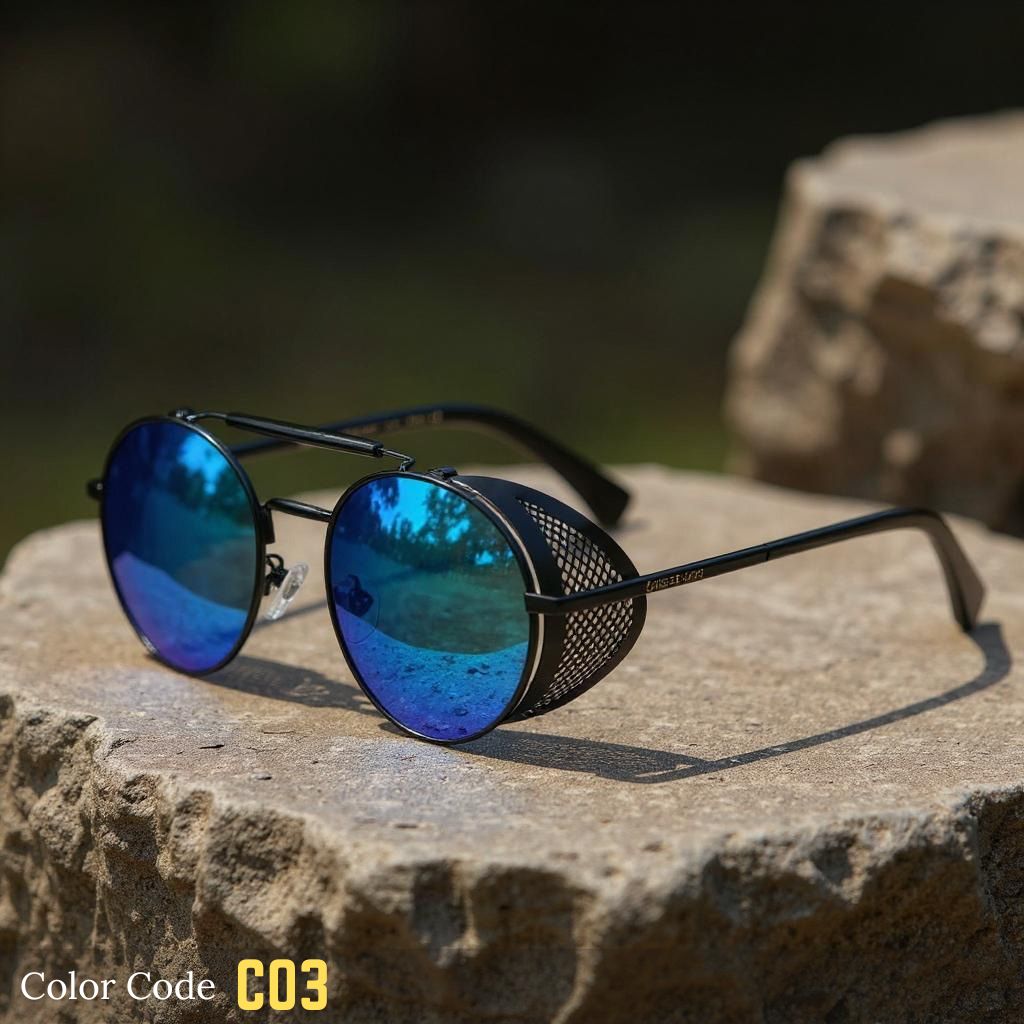 Sunglasses with blue reflective lenses on a stone surface