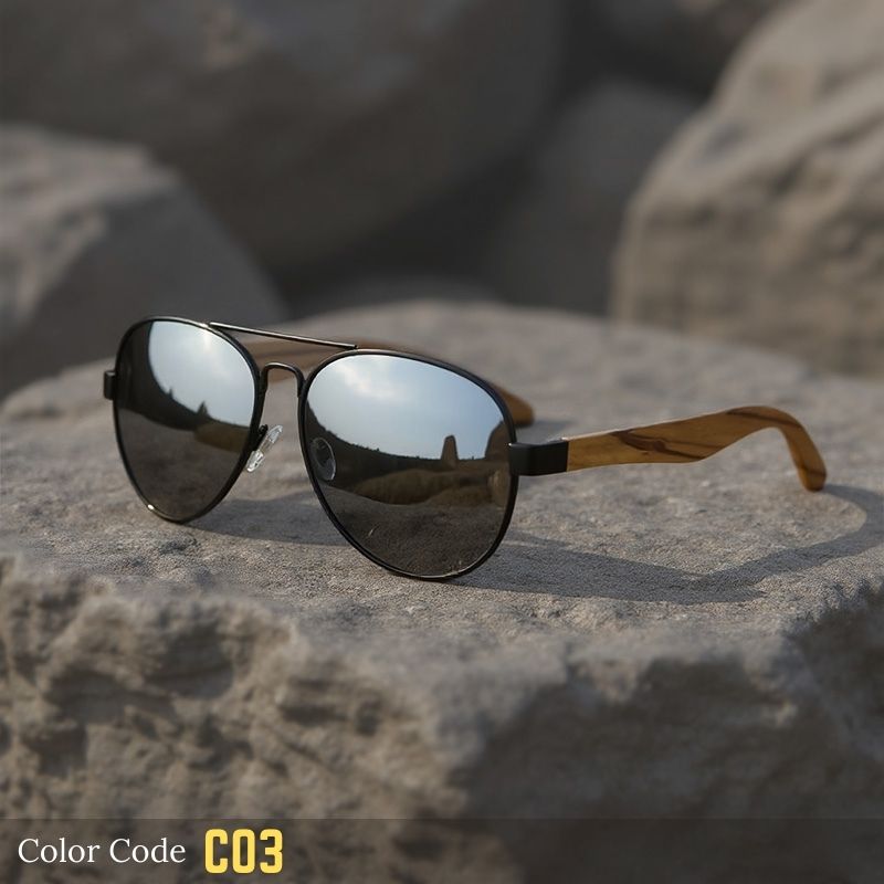 Aviator Vintage Wood-Temple Polarized Sunglasses