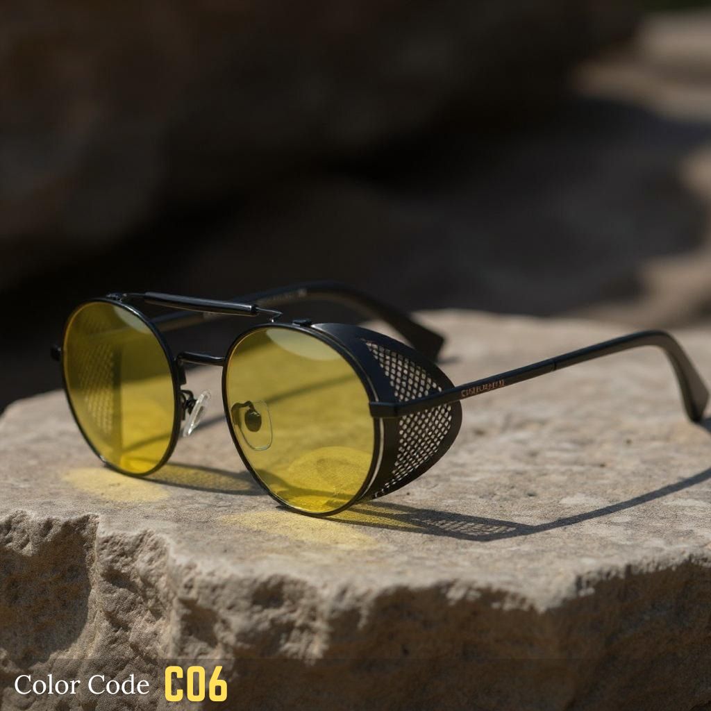 Sunglasses with yellow lenses and black frames on a stone surface