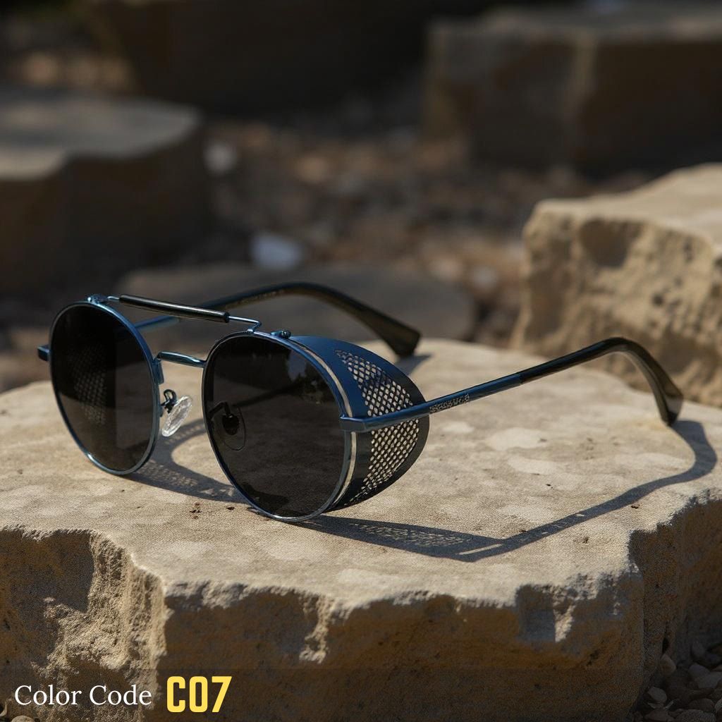 Sunglasses with a metallic frame and dark lenses on a stone surface, with 'Color Code C07' text.