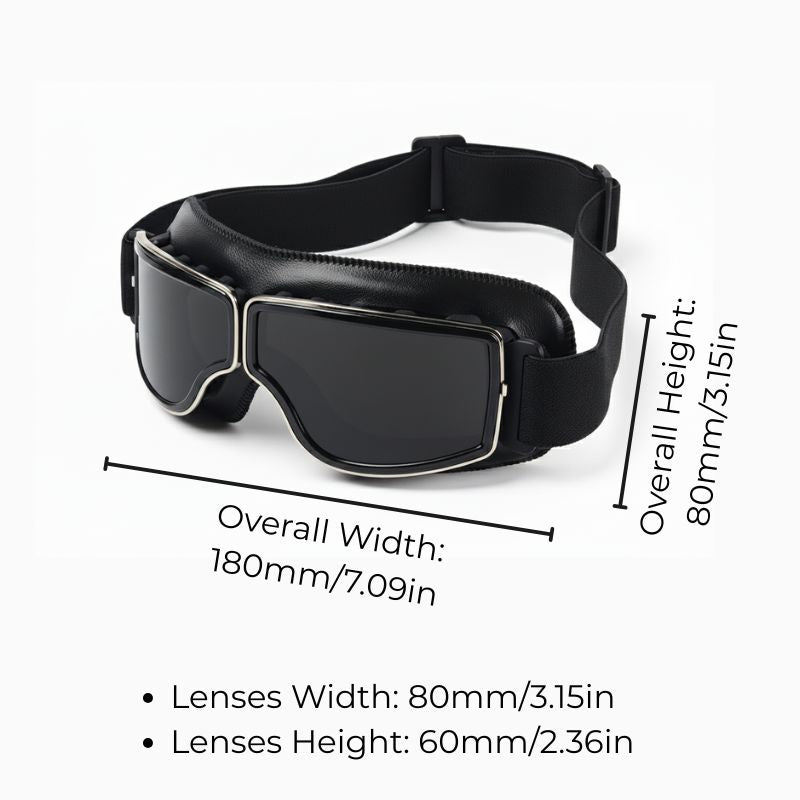 Black goggles with measurements on a white background