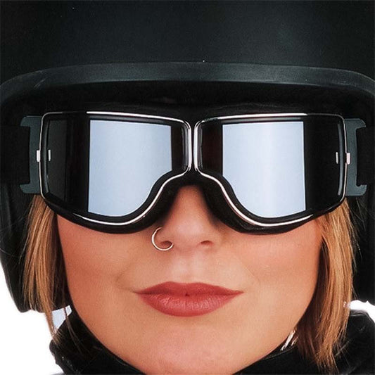 Person wearing reflective goggles and a black helmet.