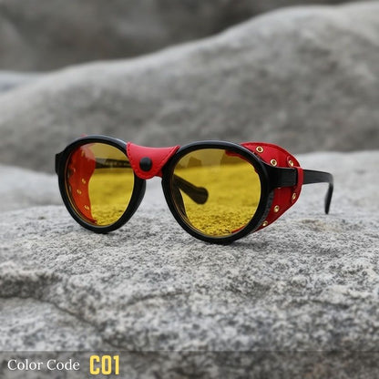 Sunglasses with red and yellow design on a stone surface, labeled 'Color Code CO1'.