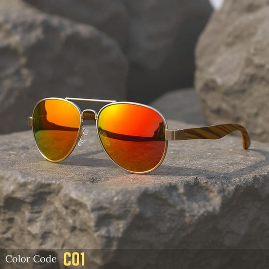 Aviator Vintage Wood-Temple Polarized Sunglasses