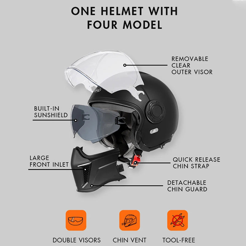 Double Lens Vintage Modular Helmet - DOT and ECE Approved