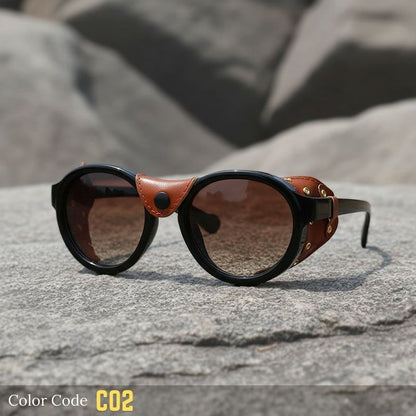 Sunglasses with brown and black frame on a stone surface, labeled 'Color Code CO2'.