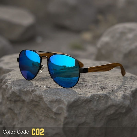 Aviator Vintage Wood-Temple Polarized Sunglasses