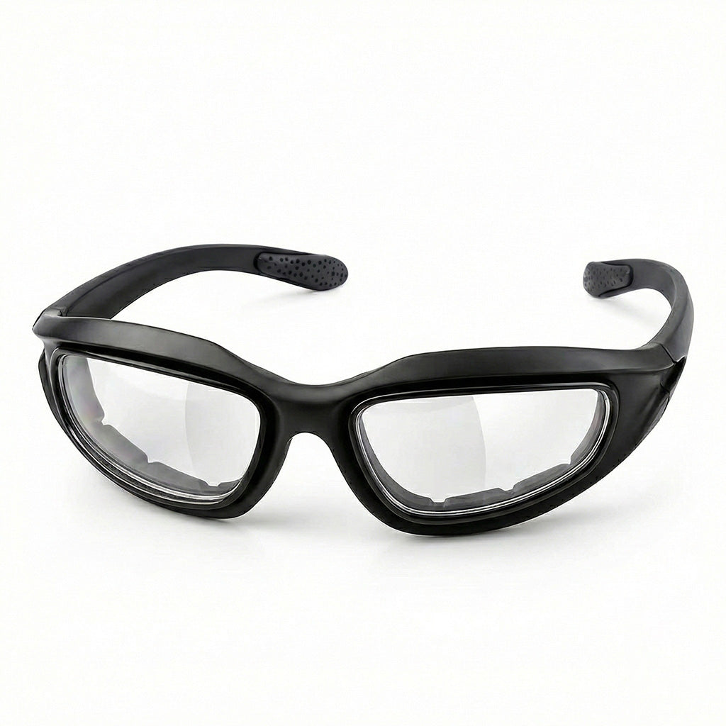 Polarized motorcycle sunglasses with clear lenses on a white background