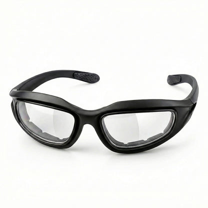 Polarized motorcycle sunglasses with clear lenses on a white background
