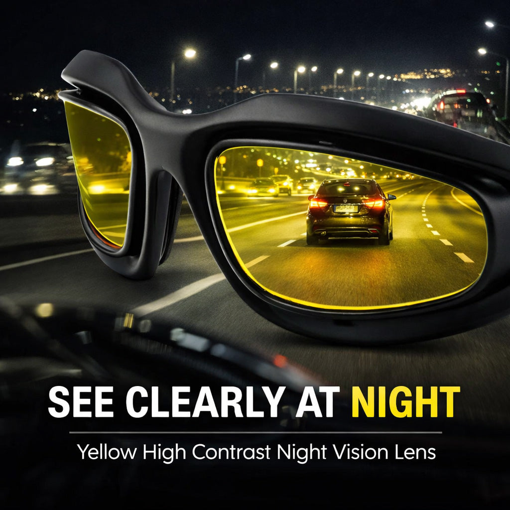 Polarized motorcycle sunglasses with yellow high contrast night vision lenses on a car dashboard with a nighttime road scene.