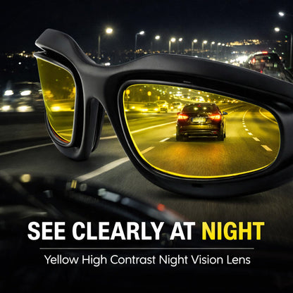 Polarized motorcycle sunglasses with yellow high contrast night vision lenses on a car dashboard with a nighttime road scene.