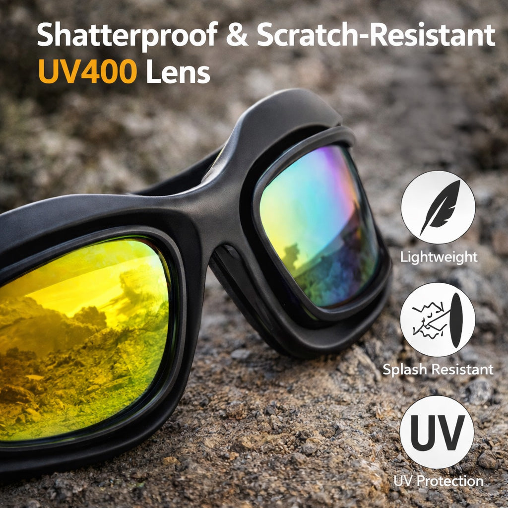 Shatterproof & scratch-resistant sunglasses with UV400 lens on a rocky surface