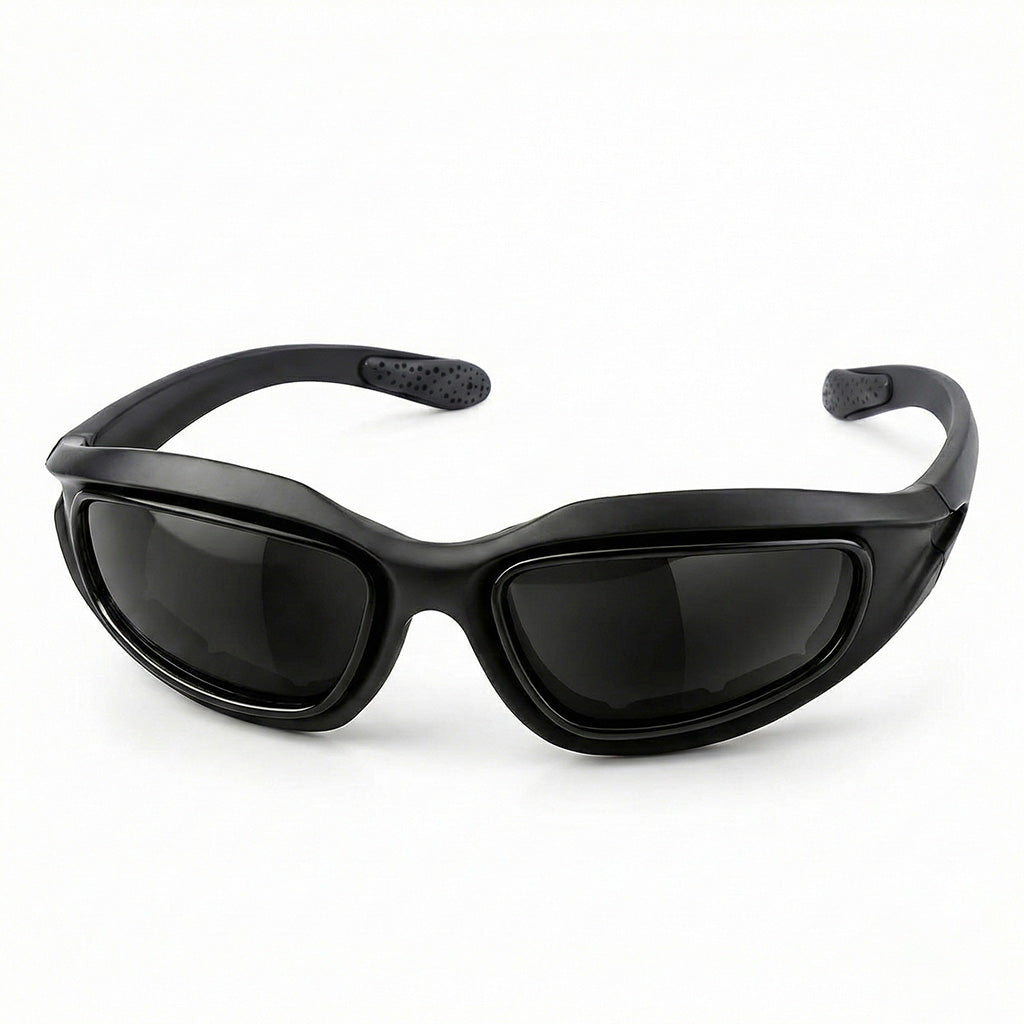 Black polarized motorcycle sunglasses with a white background
