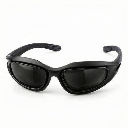 Black polarized motorcycle sunglasses with a white background