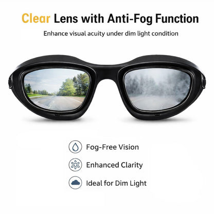 Black goggles with clear lenses on a white background, featuring text about anti-fog function.