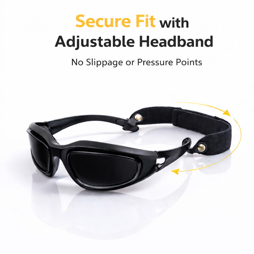 Black motorcycle sunglasses with an adjustable headband on a white background, emphasizing secure fit and no slippage.