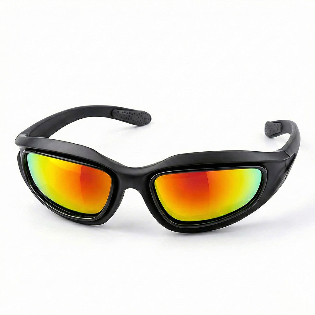 Black motorcycle sunglasses with colorful lenses on a white background