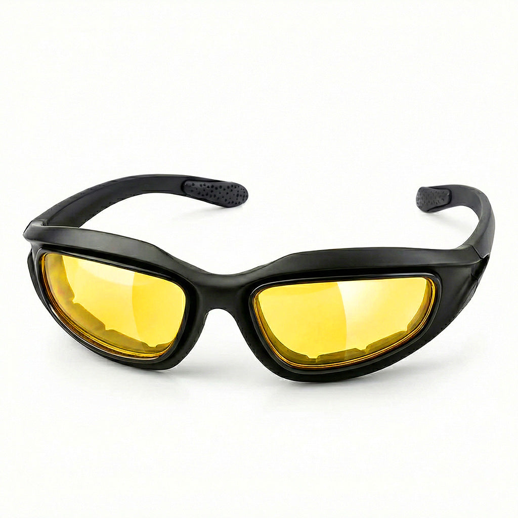 Black-framed motorcycle sunglasses with yellow lenses on a white background