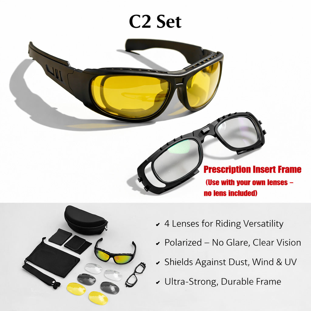 Set of riding sunglasses with interchangeable lenses on a white background