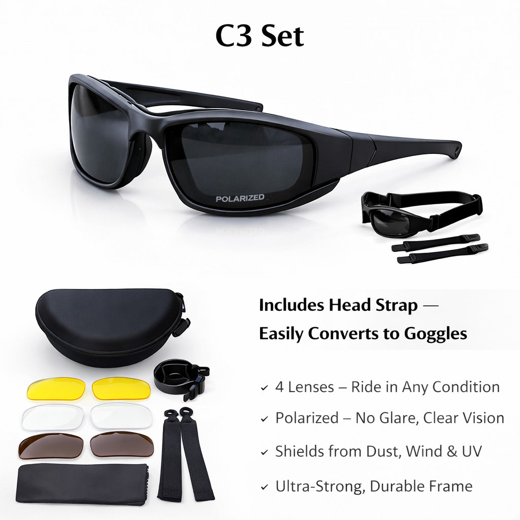 Black riding sunglasses with accessories on a white background, including lenses and head strap.