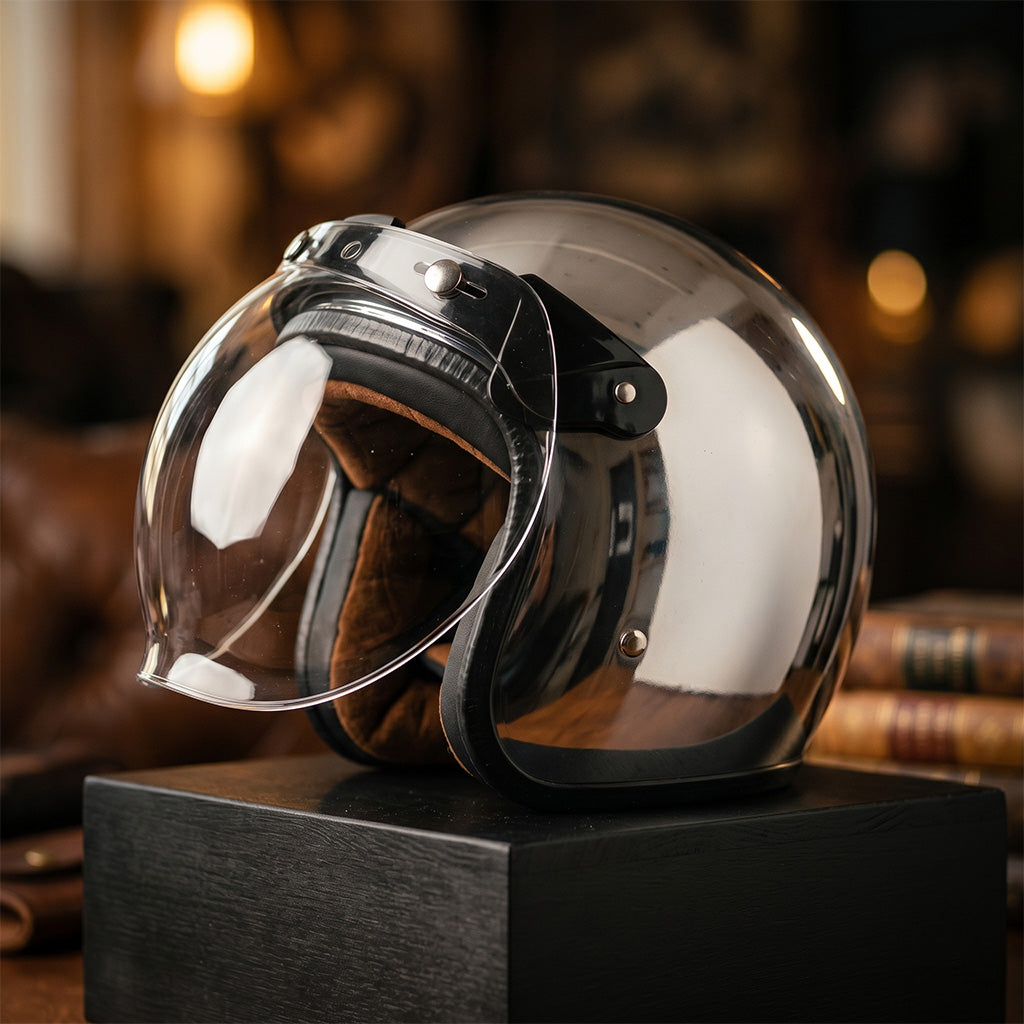 Vintage Mirrored Silver Motorcycle Helmet
