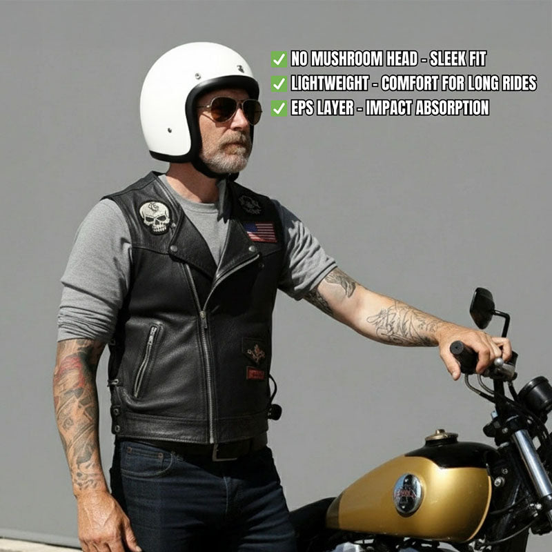 Man wearing a leather vest and helmet on a motorcycle with product features listed.