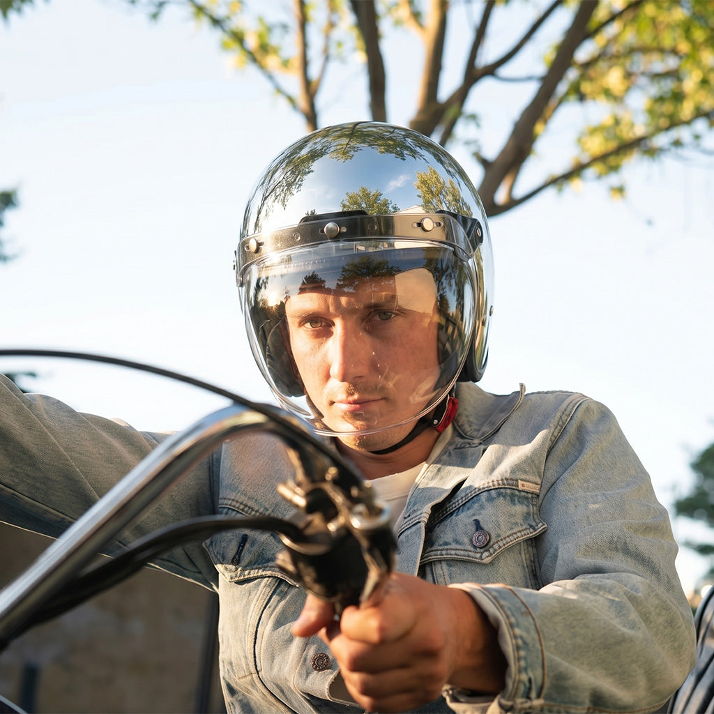 Vintage Mirrored Silver Motorcycle Helmet